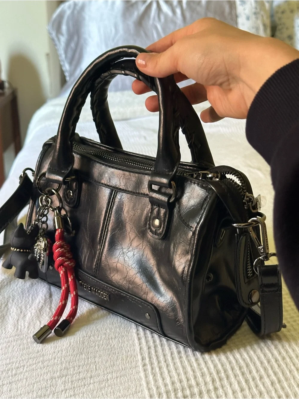 Steve Madden Black Leather Satchel with Bag Charms